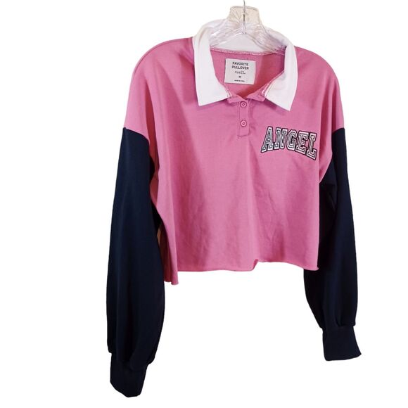 Rue 21 Women's Collared Pink Navy Blue Angel Long Sleeve Crop Top Polo Size Med - Picture 2 of 4